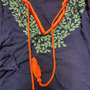 Bright blue Tunic cover-up with turquoise Embroidery and Orange Trim.
